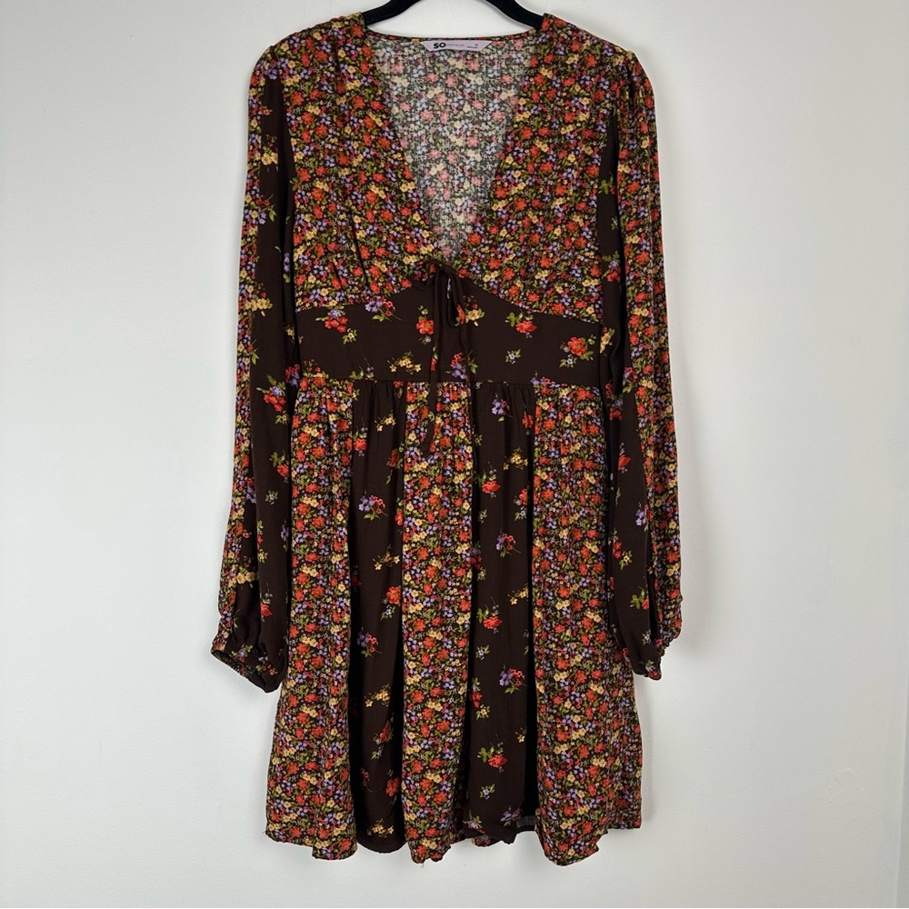 SO‎ Dress Size Medium Brown Ditzy Floral Patchwork Boho Prairie Hippie Smocked